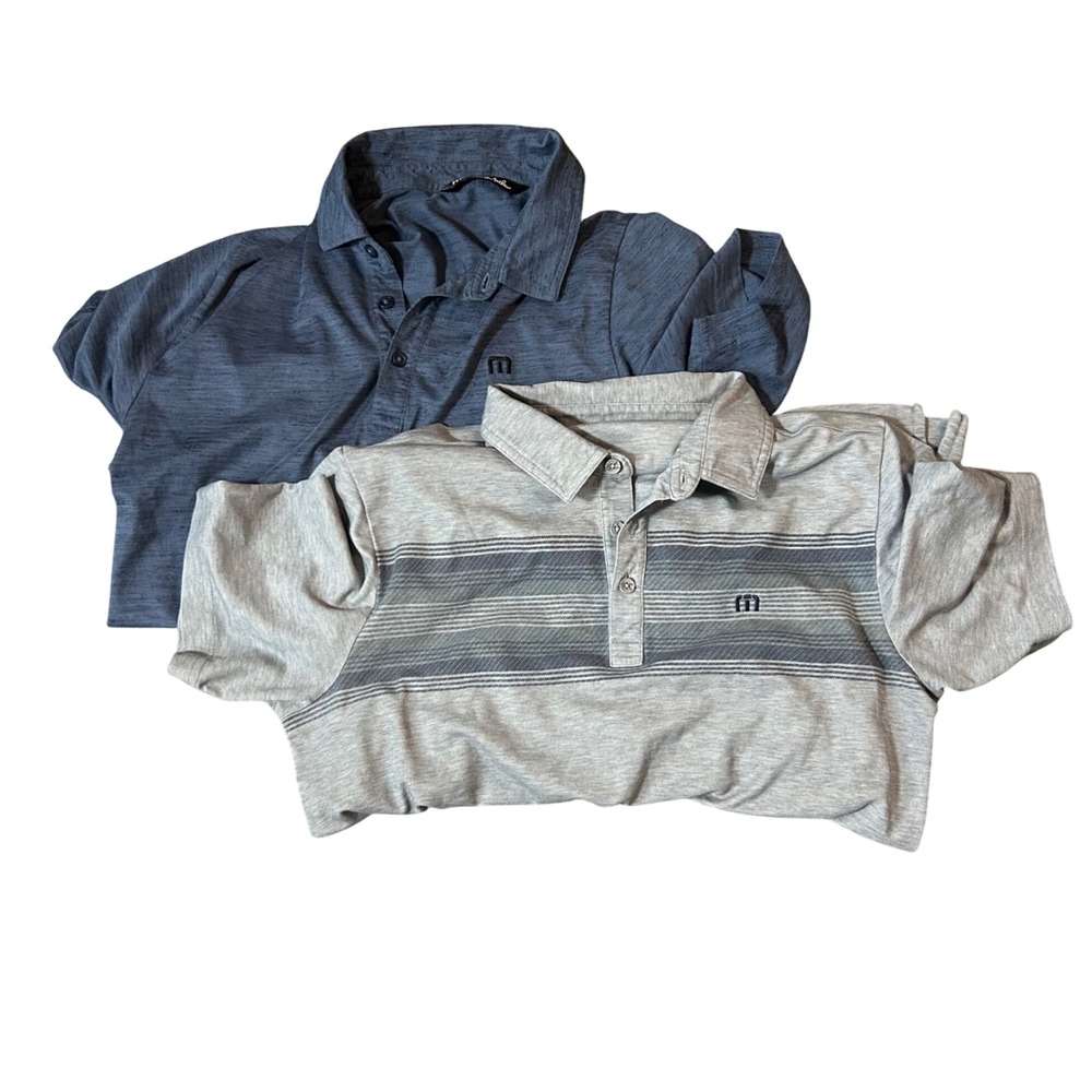 TravisMathew‎ Mens Polo Shirt Bundle Set of 2 Blue Grey Striped Size Medium Golf